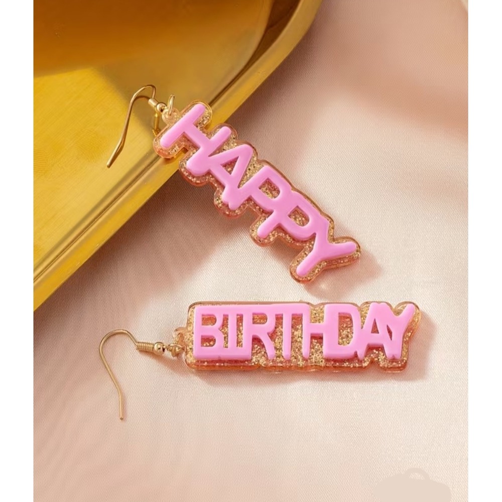 Happy Birthday Pink Glitter Drop Earrings Gold Statement Jewelry